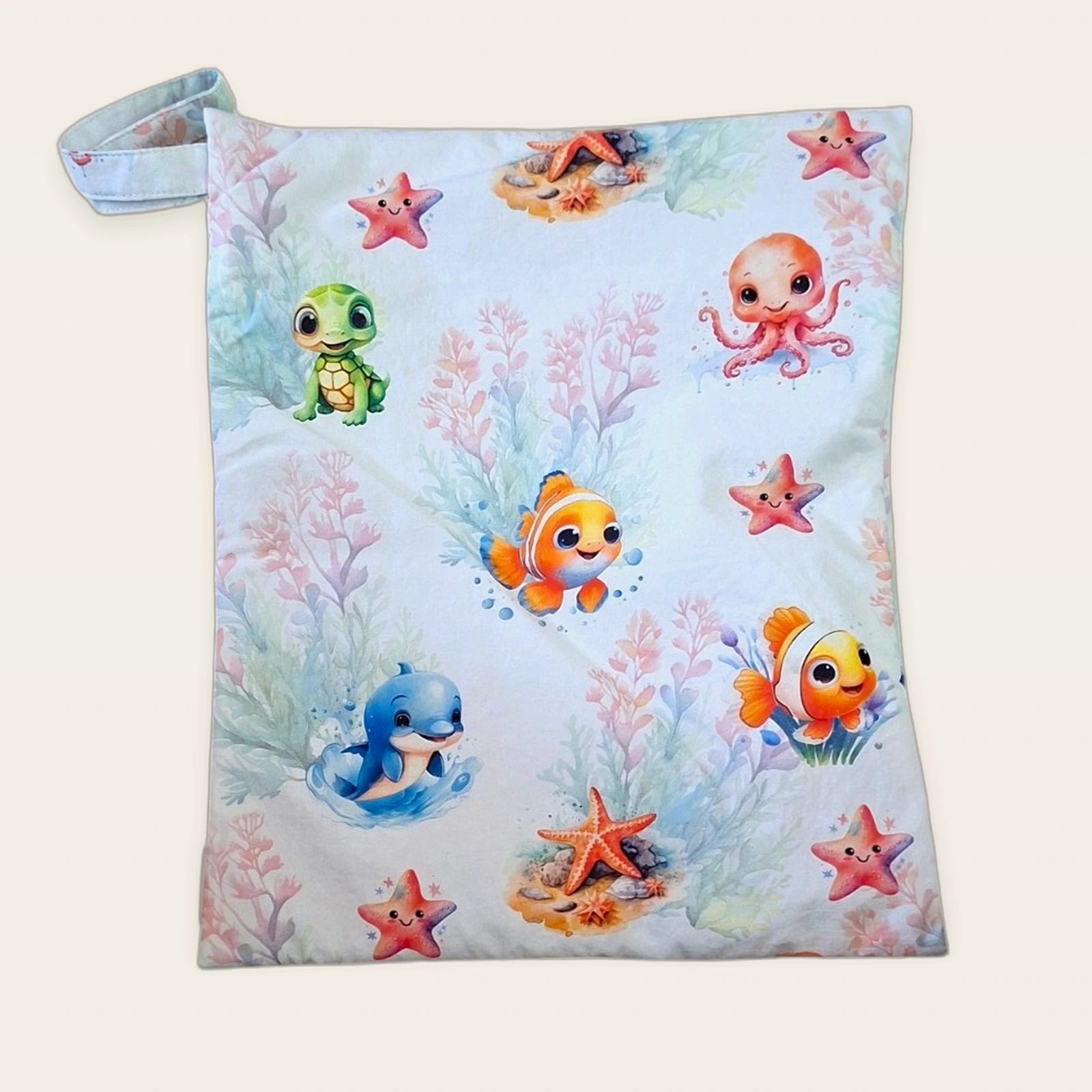 Bolsa impermeable Animalitos del mar con cremallera arcoíris abierta, vista frontal