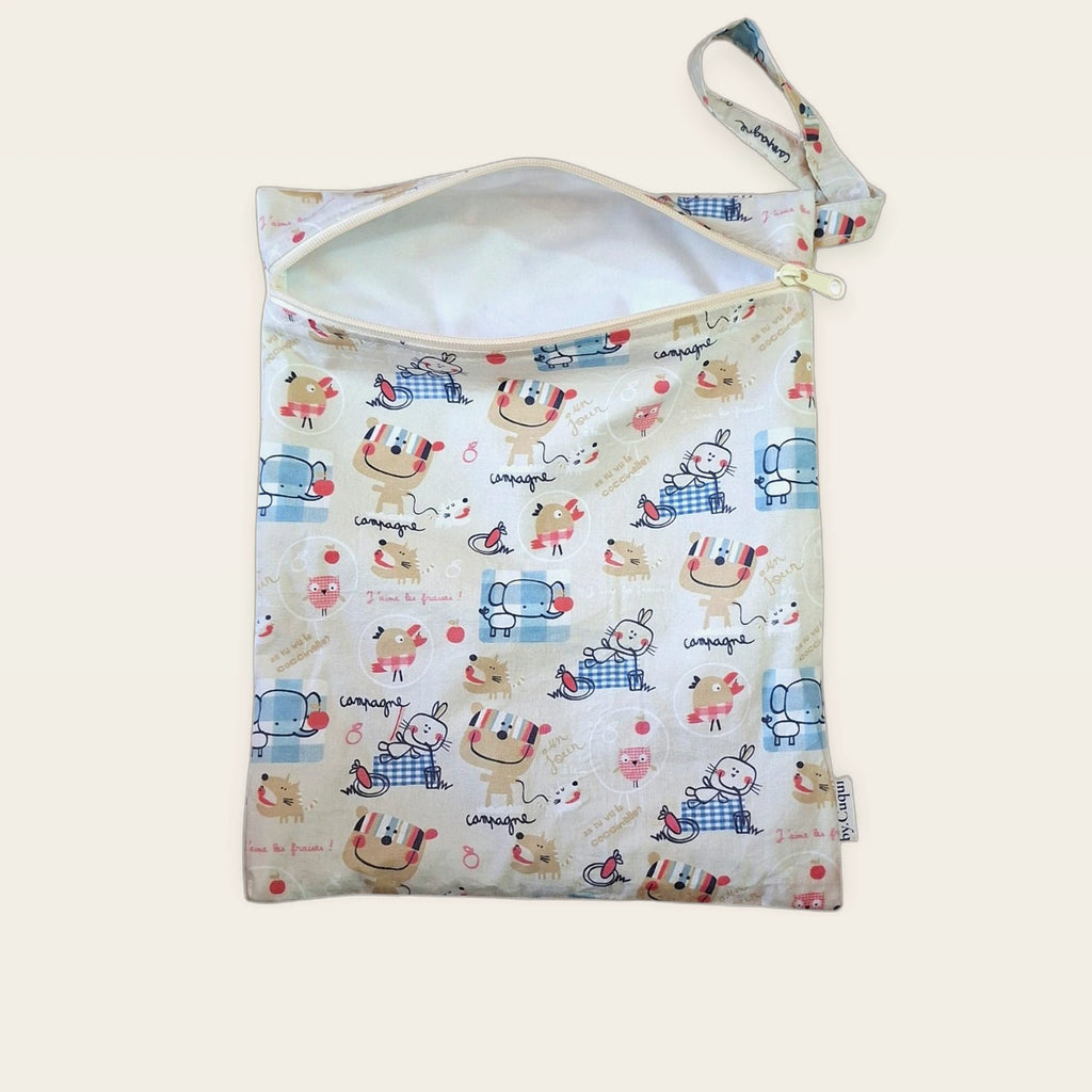 Bolsa impermeable Animalitos franceses con cremallera beige abierta, vista frontal