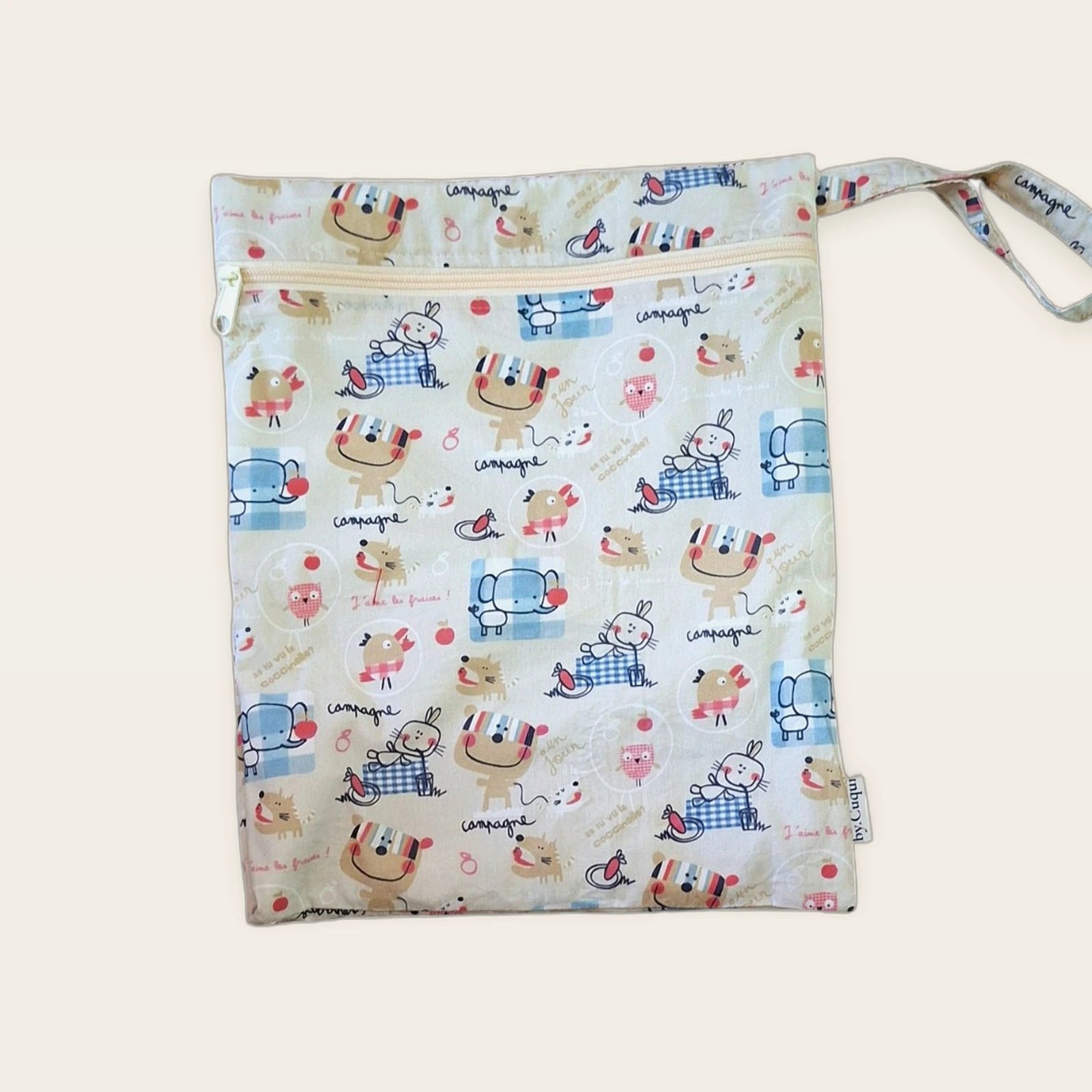 Bolsa impermeable Animalitos franceses con cremallera beige, vista frontal