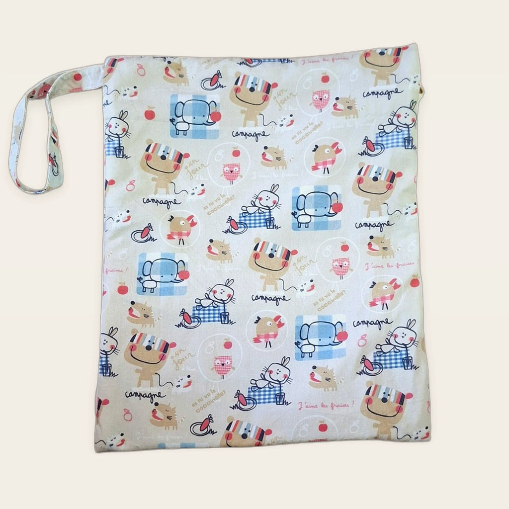 Bolsa impermeable Animalitos franceses con cremallera beige, vista trasera con asa