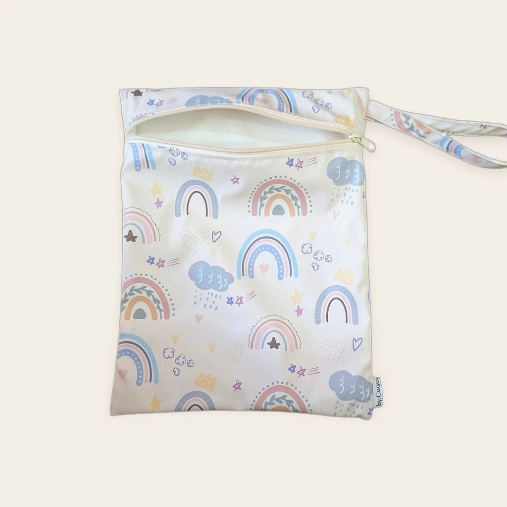 Bolsa impermeable Arcoíris pastel con cremallera beige abierta, vista frontal