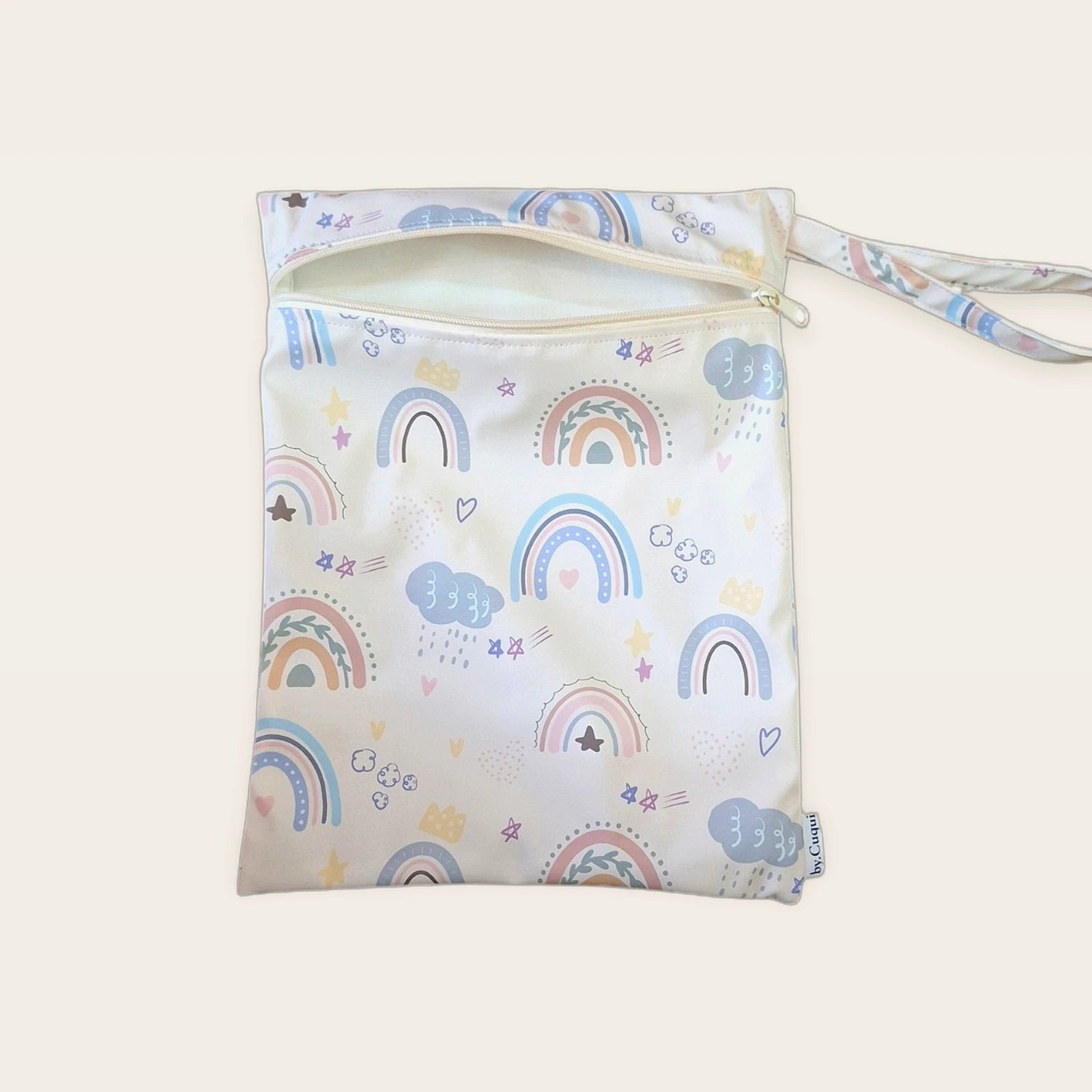 Bolsa impermeable Arcoíris pastel con cremallera beige abierta, vista frontal