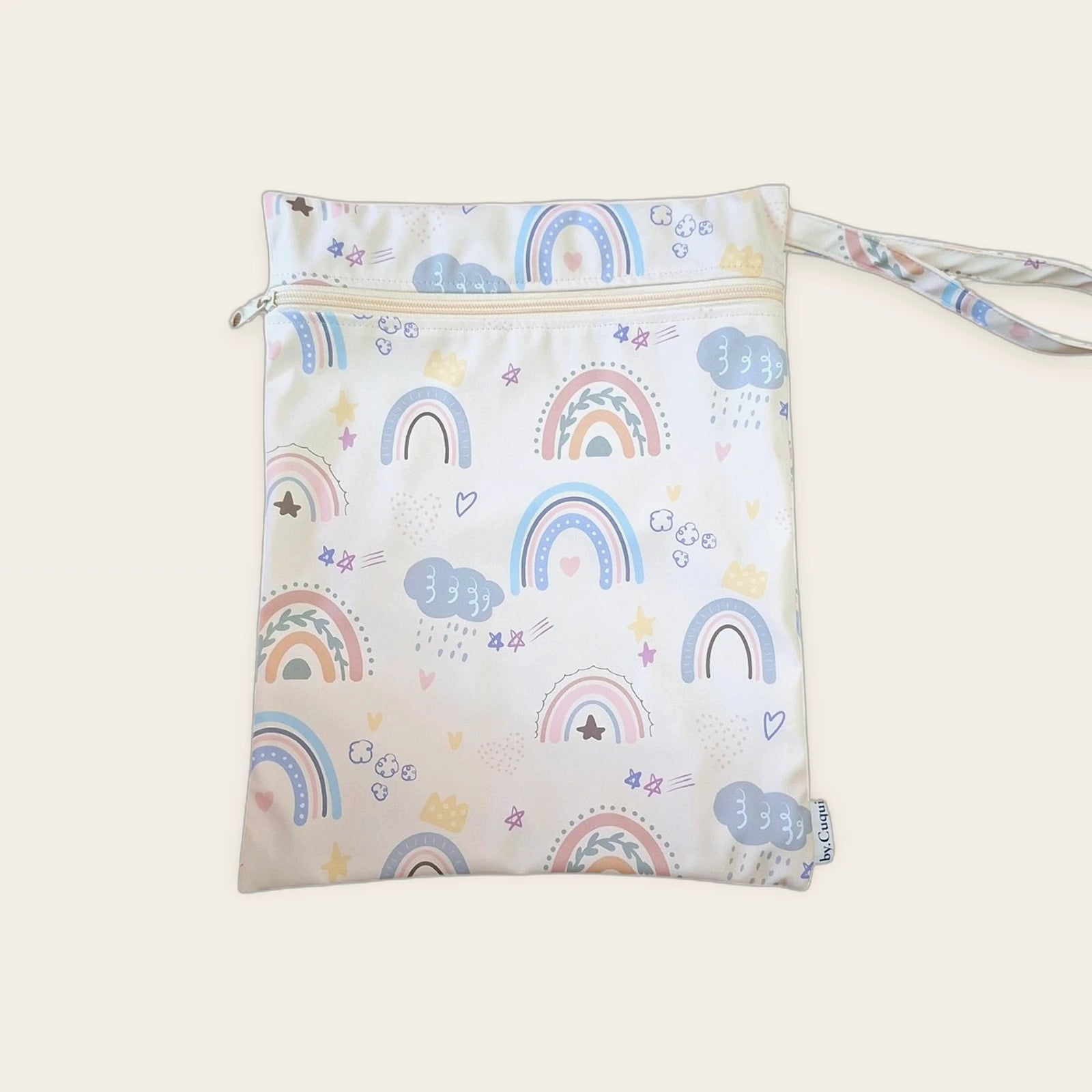 Bolsa impermeable Arcoíris pastel con cremallera beige, vista frontal