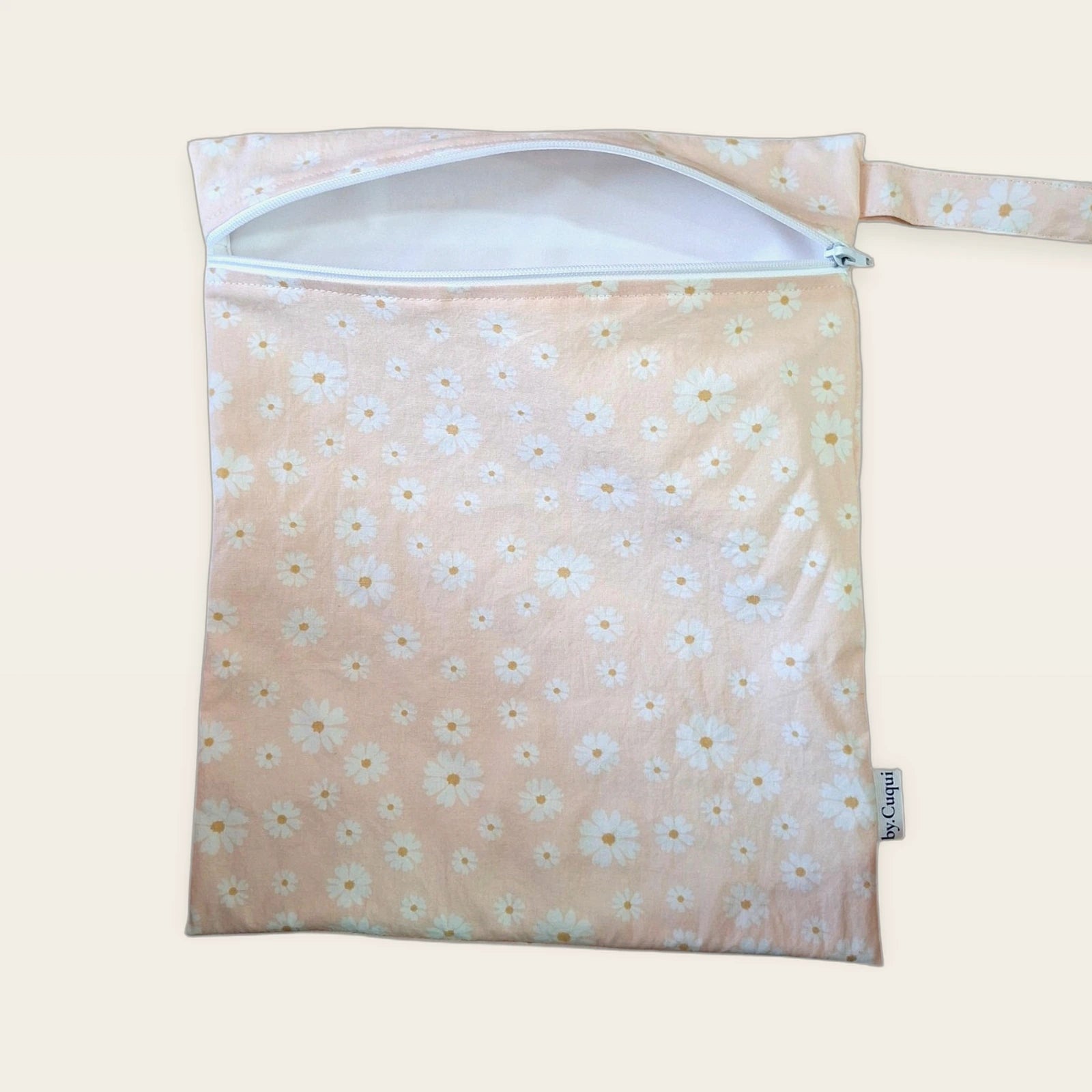 Bolsa impermeable Margaritas con cremallera blanca abierta, vista frontal