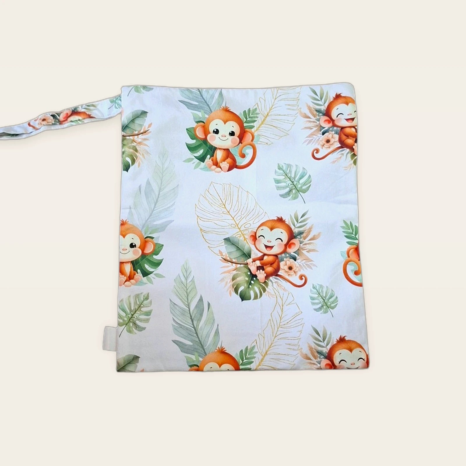 Bolsa impermeable Monitos tropicales con cremallera azul, vista trasera con asa