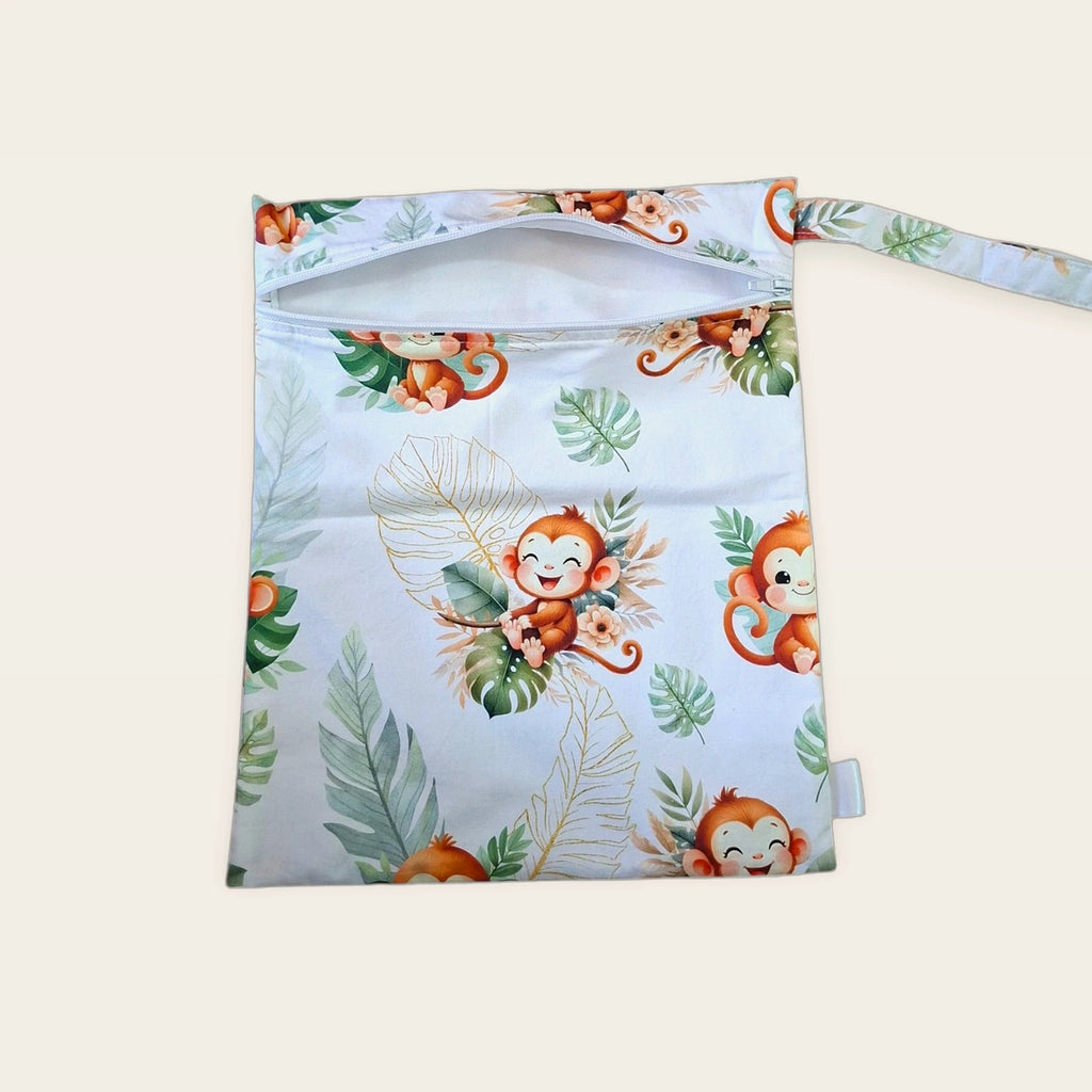 Bolsa impermeable Monitos tropicales con cremallera azul abierta, vista frontal
