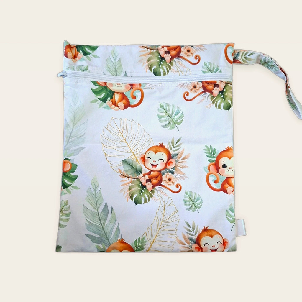 Bolsa impermeable Monitos tropicales con cremallera azul, vista frontal