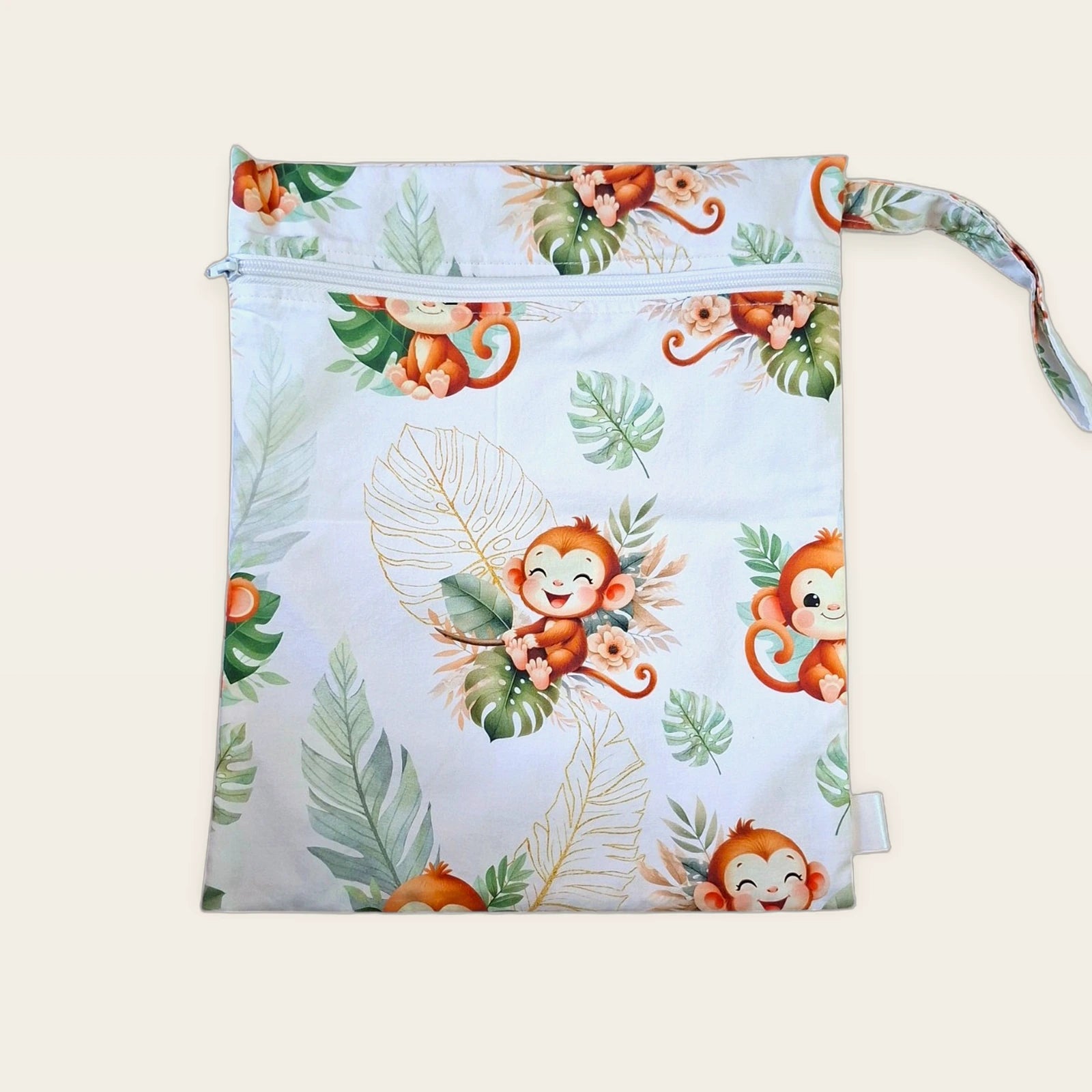 Bolsa impermeable Monitos tropicales con cremallera azul, vista frontal