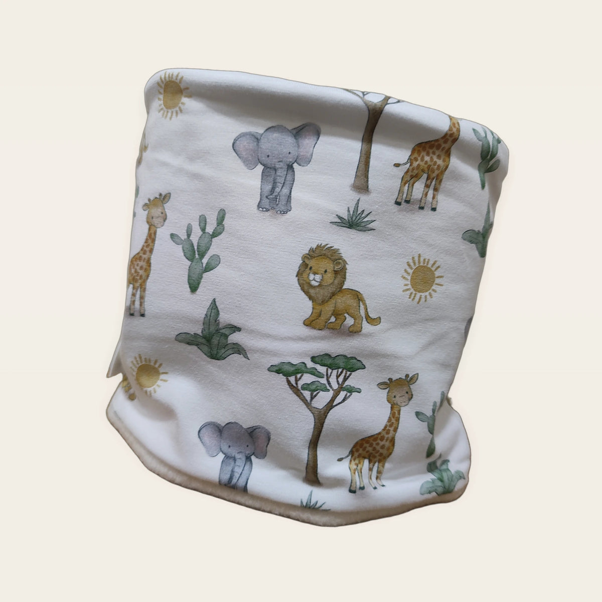 Braga de cuello infantil Animalitos de la sabana Baobab estirada, vista del anverso estampado [Variant: Beige]