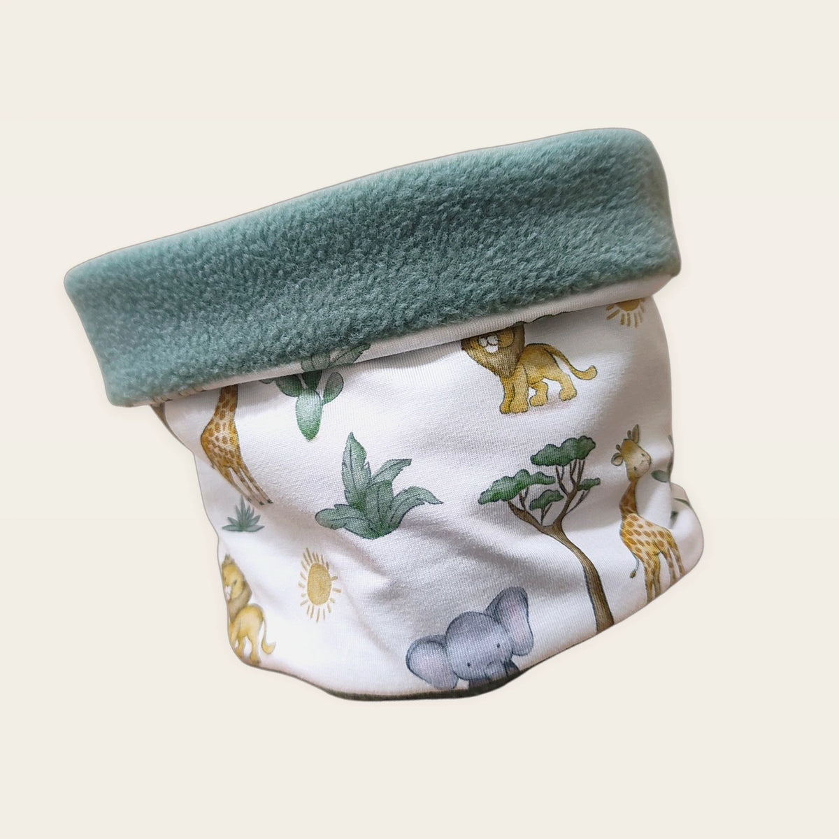 Braga de cuello infantil Animalitos de la sabana Baobab con el cuello doblado y el polar pale mint visible [Variant: Pale mint]