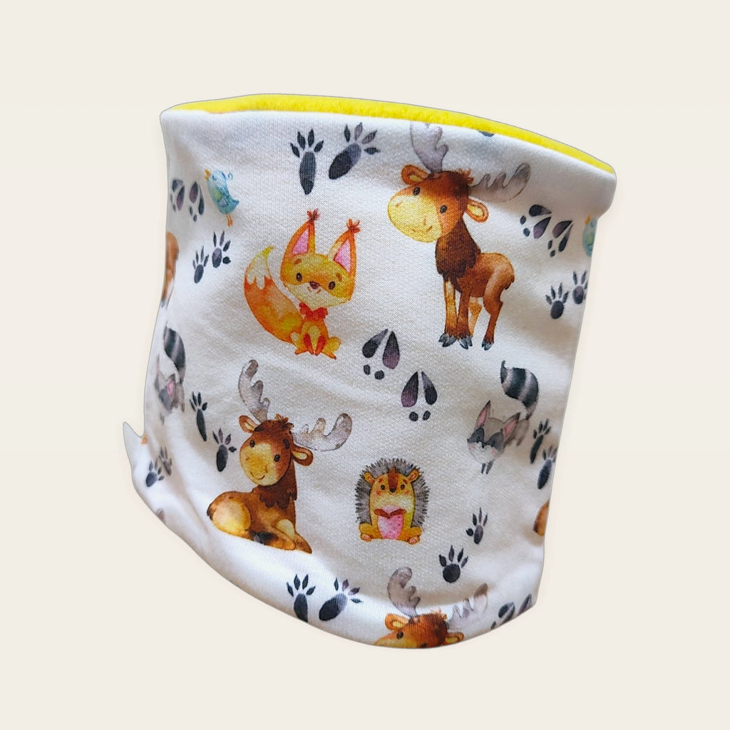 Braga de cuello infantil Animalitos y huellas estirada, vista del anverso estampado [Variant: Amarillo sol]