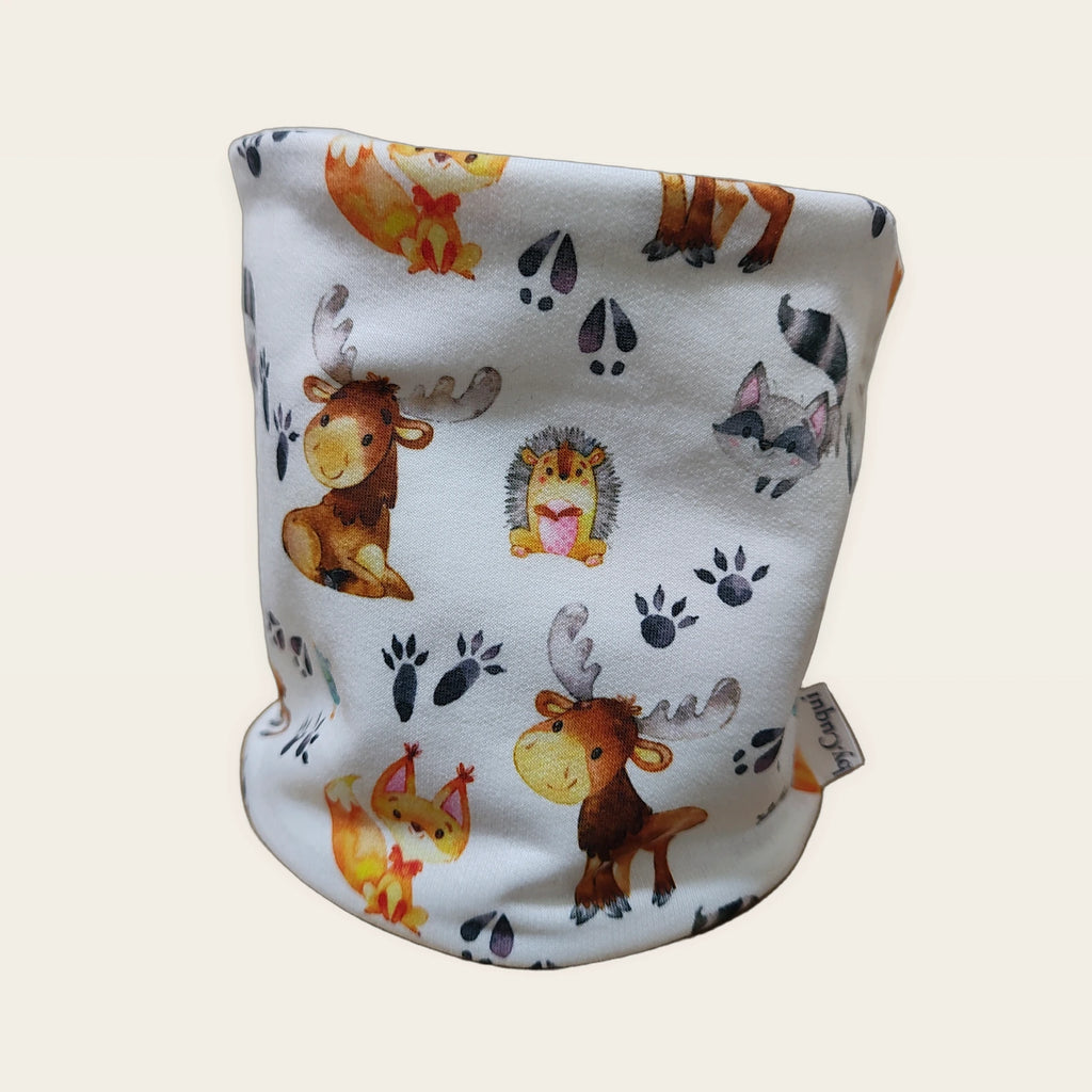 Braga de cuello infantil Animalitos y huellas estirada, vista del anverso estampado [Variant: Beige]