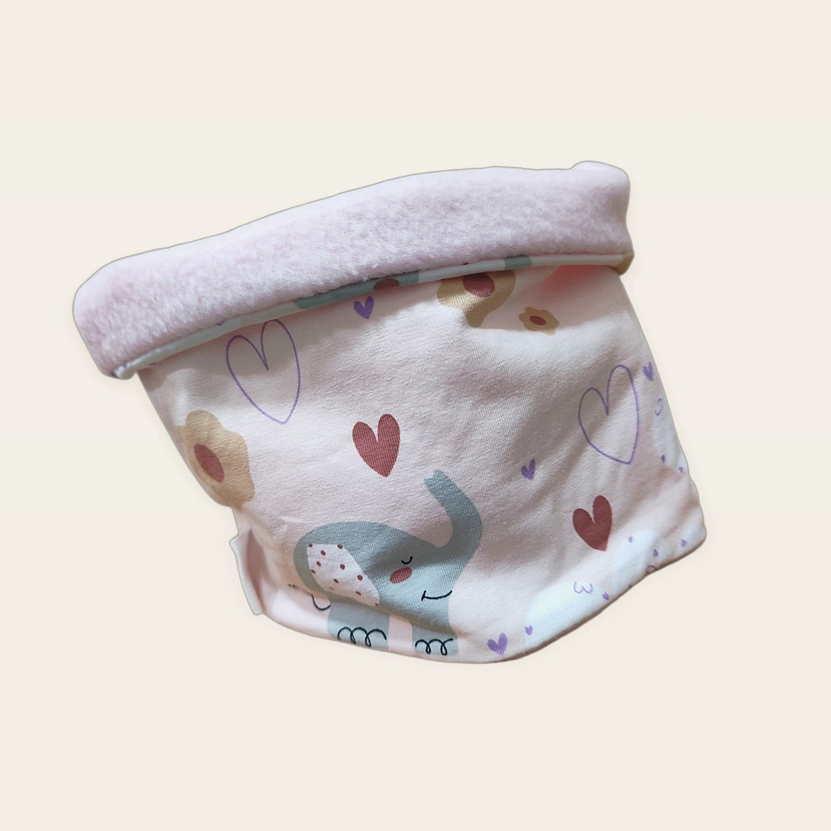 Braga de cuello infantil Elefantes rosa con el cuello doblado y el polar rosa visible [Variant: Rosa]