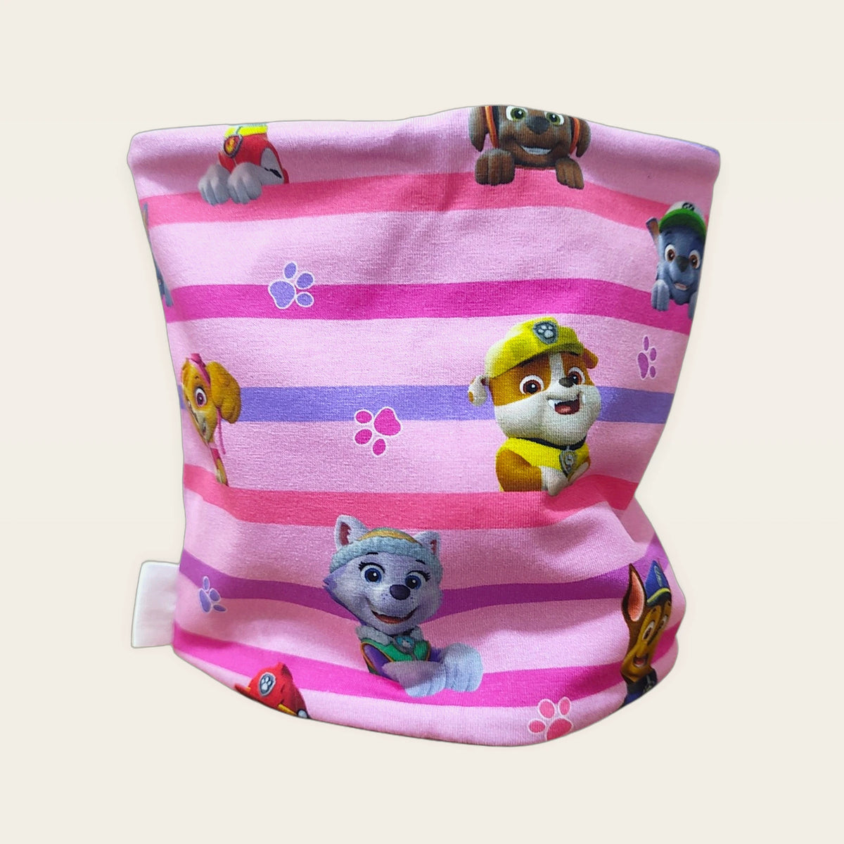 Braga de cuello infantil Perretes rayas rosa estirada, vista del anverso estampado [Variant: Blanco]