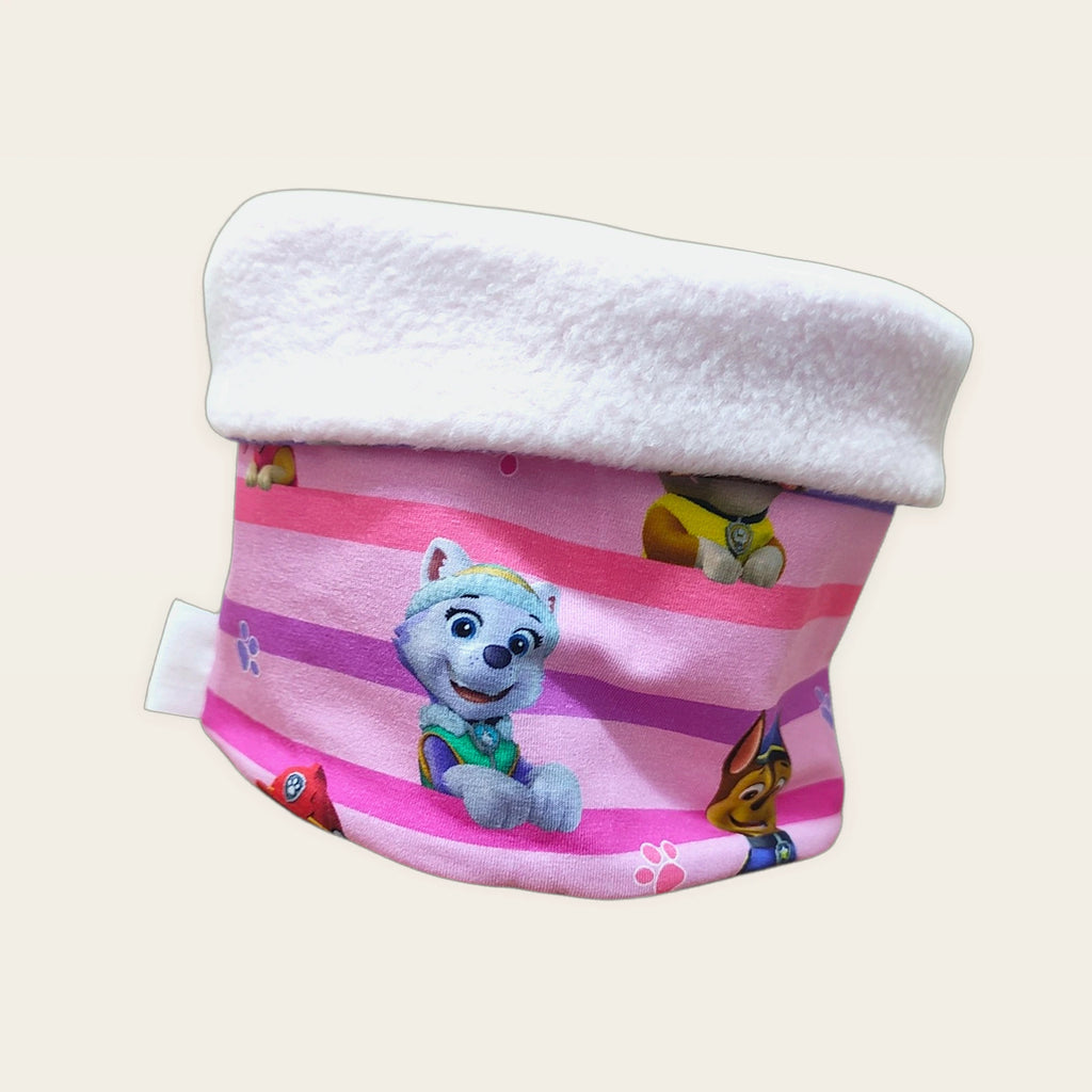 Braga de cuello infantil Perretes rayas rosa con el cuello doblado y el polar blanco visible [Variant: Blanco]