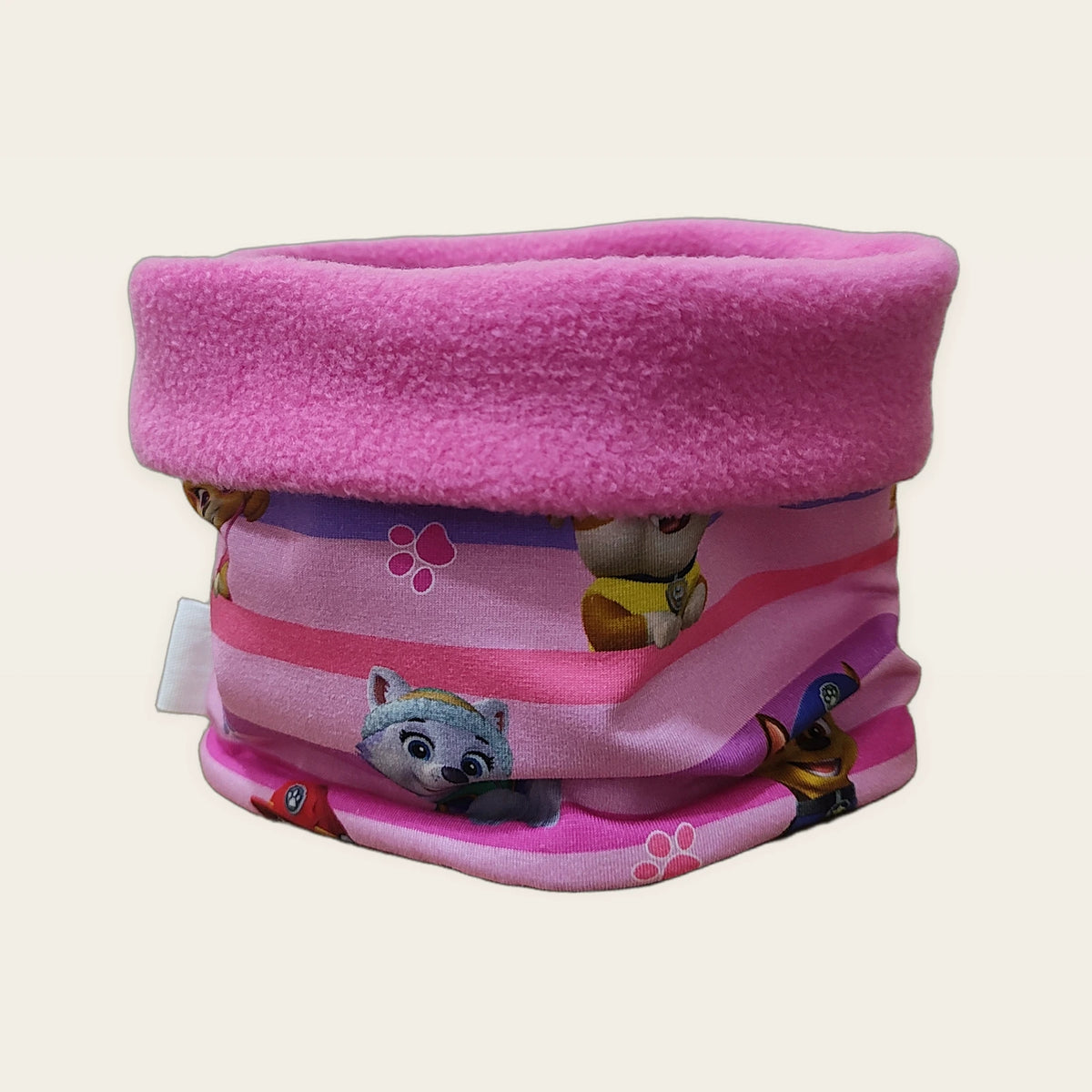 Braga de cuello infantil Perretes rayas rosa con el cuello doblado y el polar fucsia visible [Variant: Fucsia]