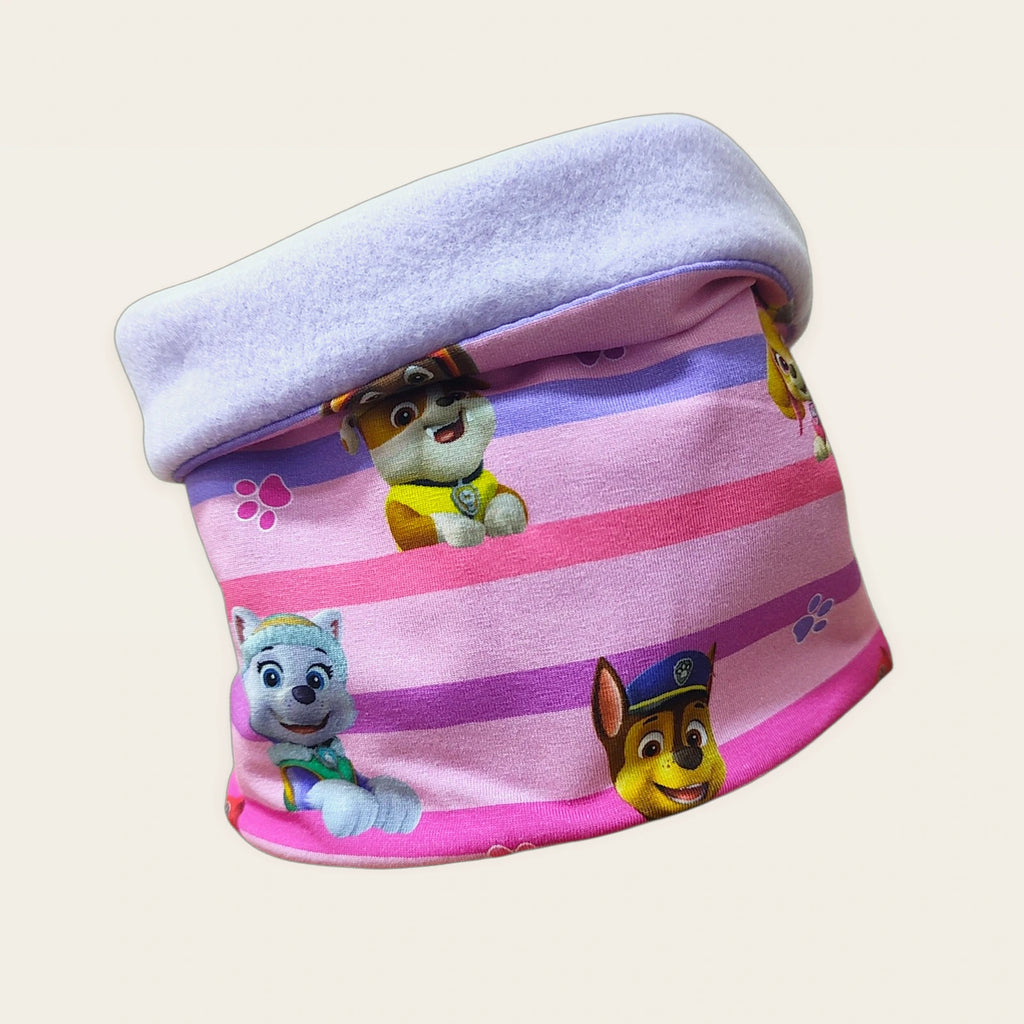 Braga de cuello infantil Perretes rayas rosa con el cuello doblado y el polar lila claro visible [Variant: Lila claro]