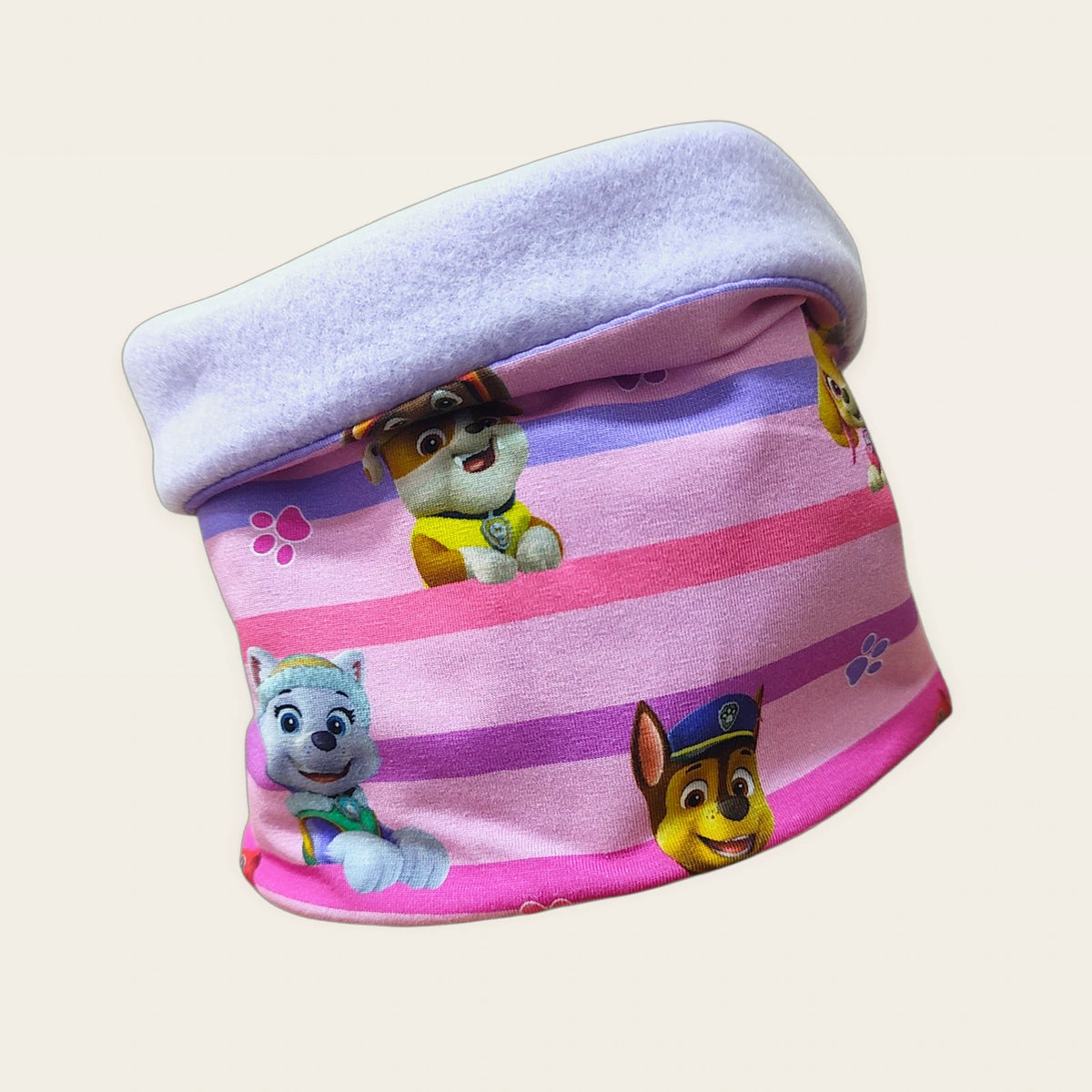 Braga de cuello infantil Perretes rayas rosa con el cuello doblado y el polar lila claro visible [Variant: Lila claro]
