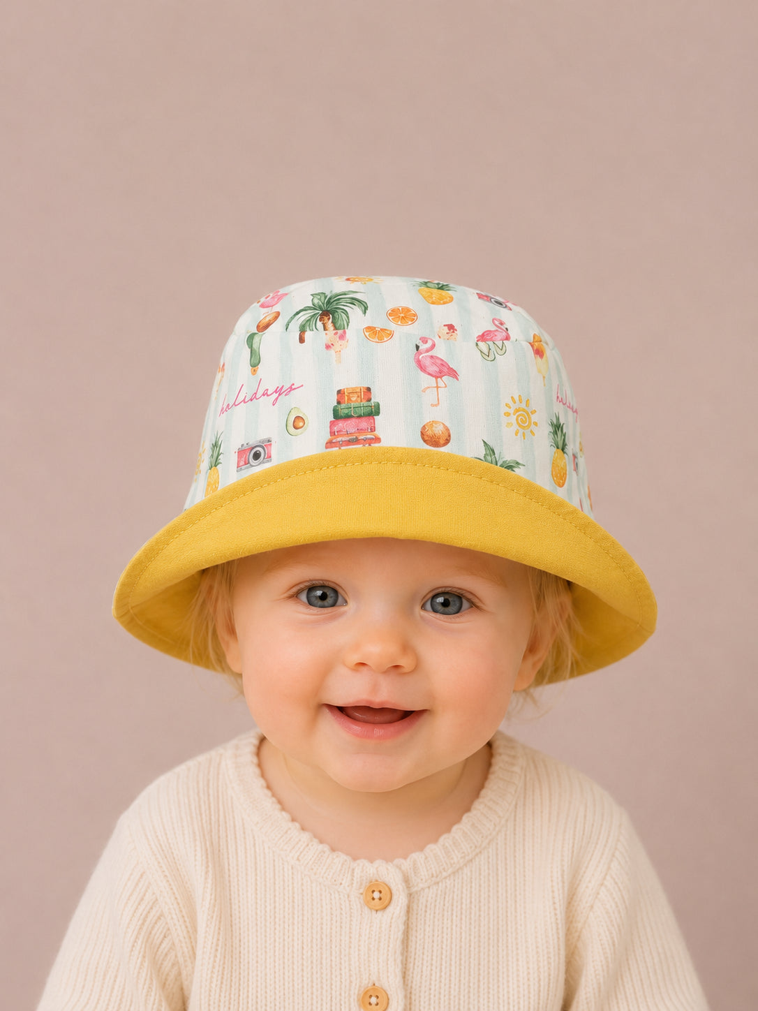 Gorrito de pescador reversible Vacaciones hecho a mano en algodón para bebé [Variant: Amarillo sol]