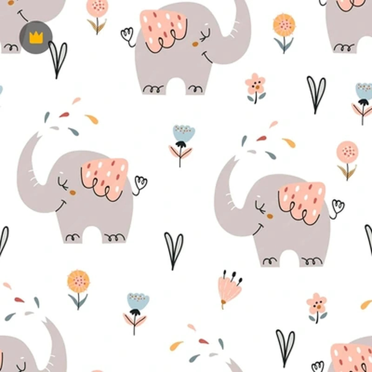 Detalle del estampado Cuquielefantes sobre tela de algodón