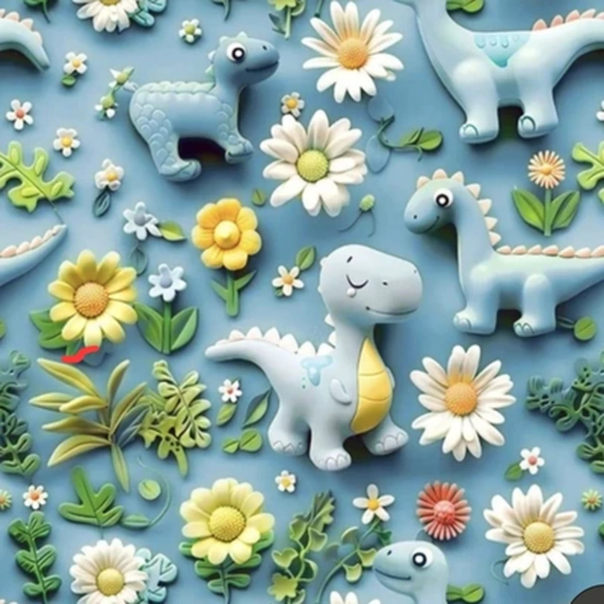 Detalle del estampado Dinosaurios flores azul 3D sobre tela de algodón