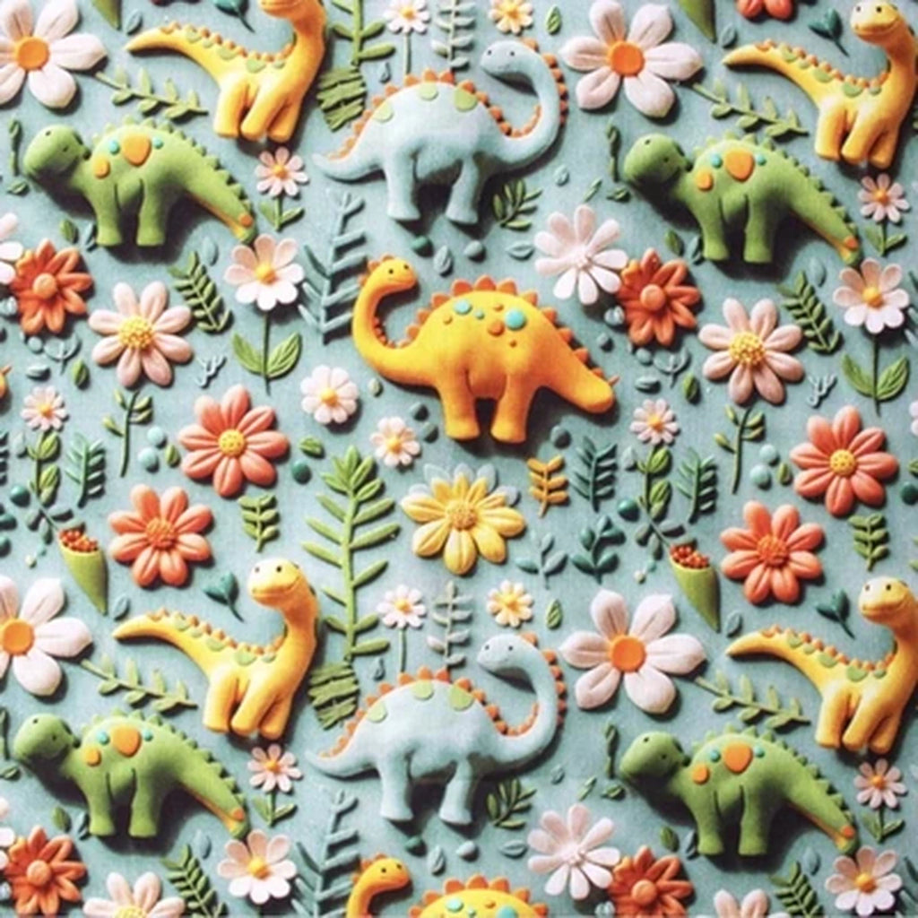 Detalle del estampado Dinosaurios y flores verde 3D sobre tela de algodón