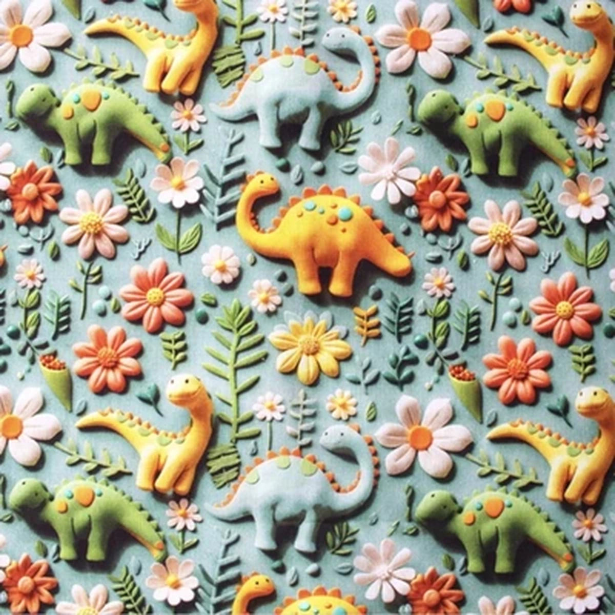 Detalle del estampado Dinosaurios y flores verde 3D sobre tela de algodón