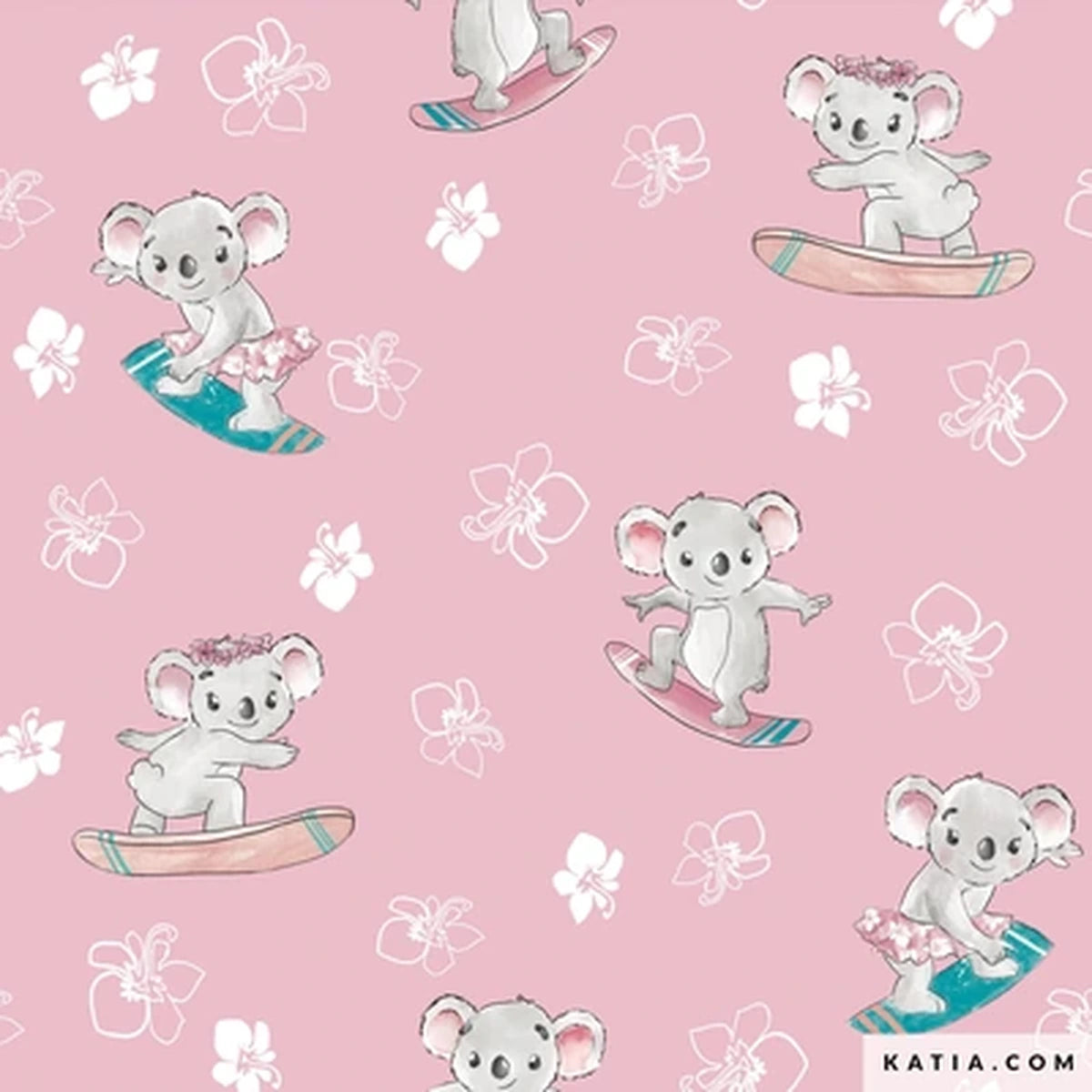 Detalle del estampado Koalas surferos sobre tela de algodón