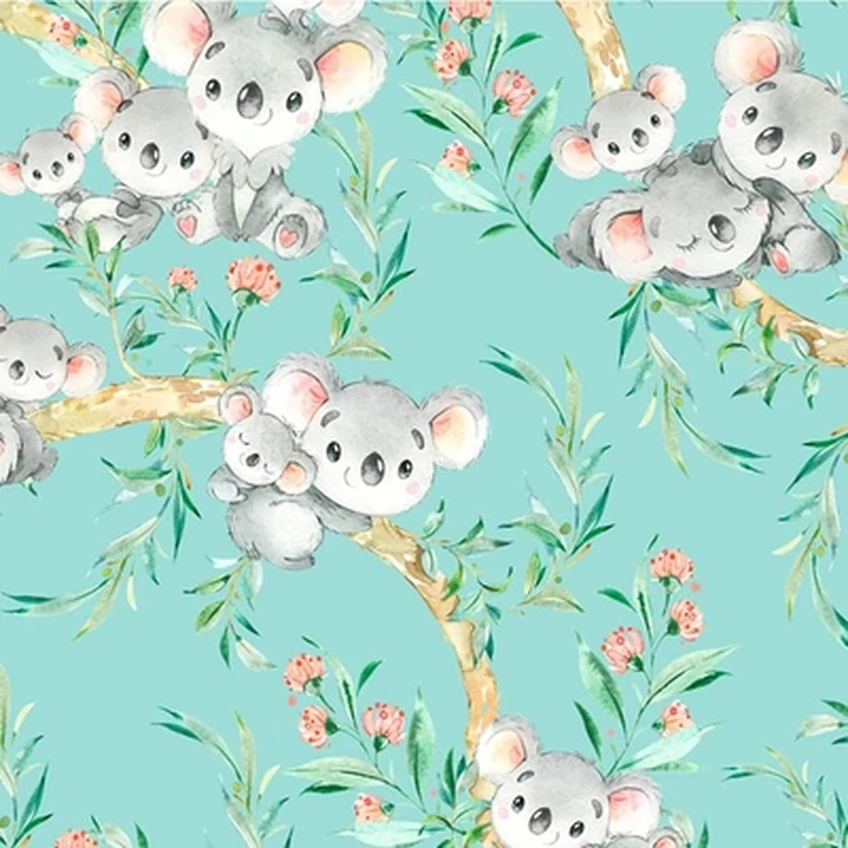 Detalle del estampado Koalas sobre tela de algodón