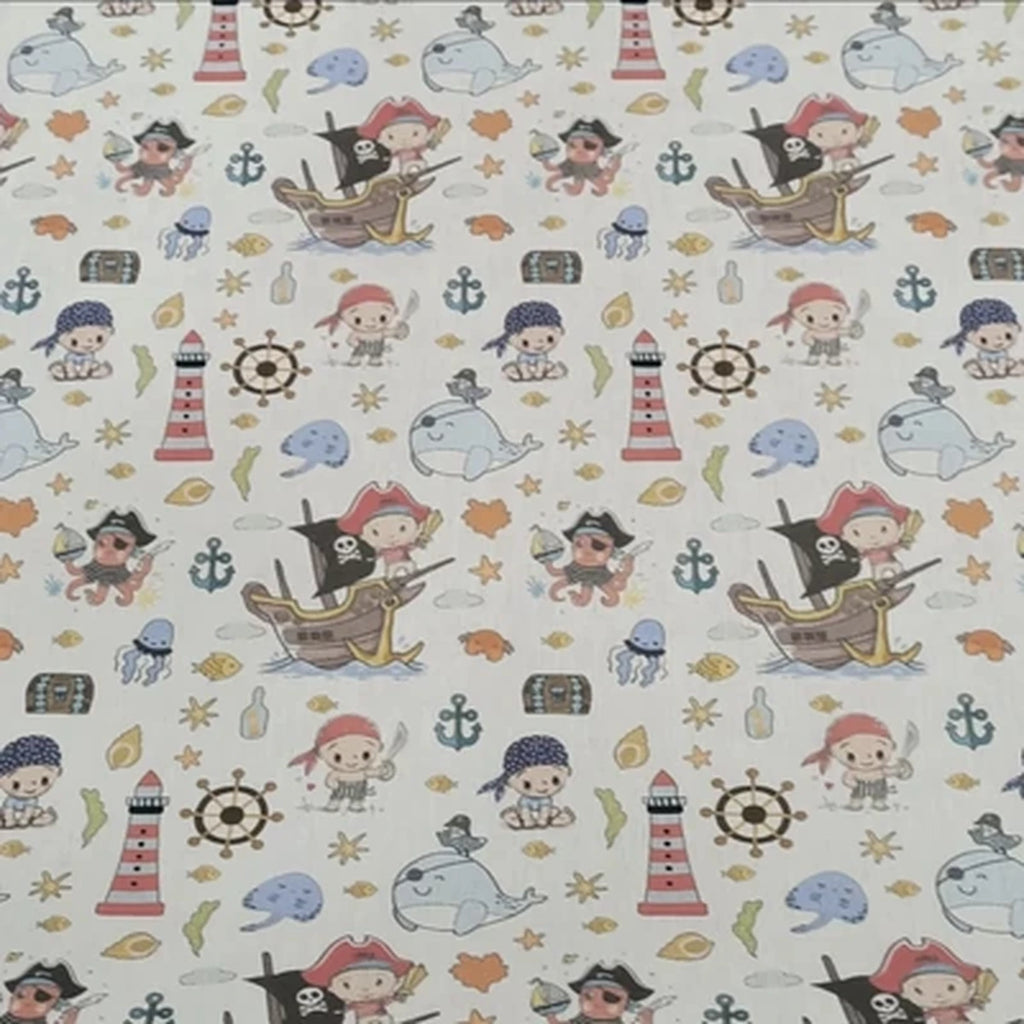 Detalle del estampado Piratas sobre tela de algodón
